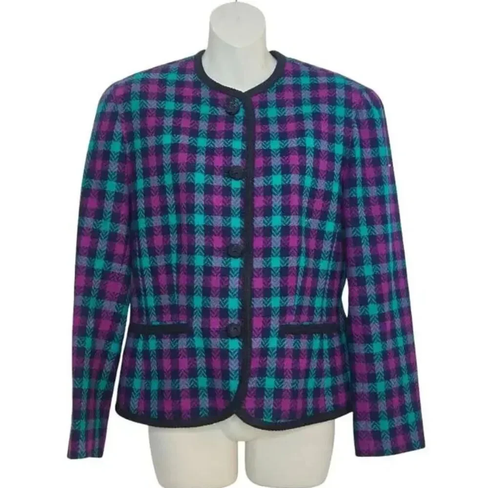 Vintage 90s Pendleton 100% Pure Wool Collarless Plaid Blazer Size 6